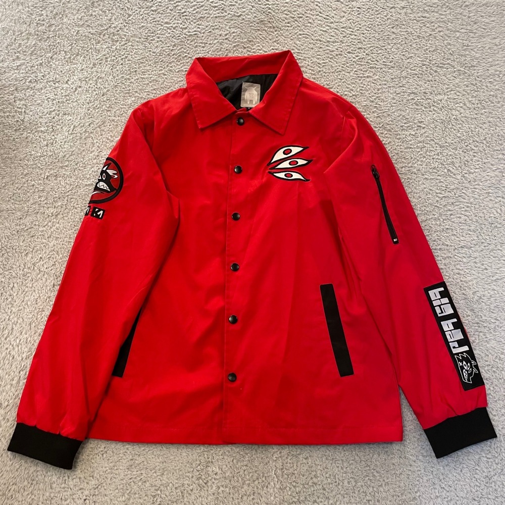 Kinwamonster Big Bad Wolf Coach Jacket Mens Small Red Graphic Streetwear Anime